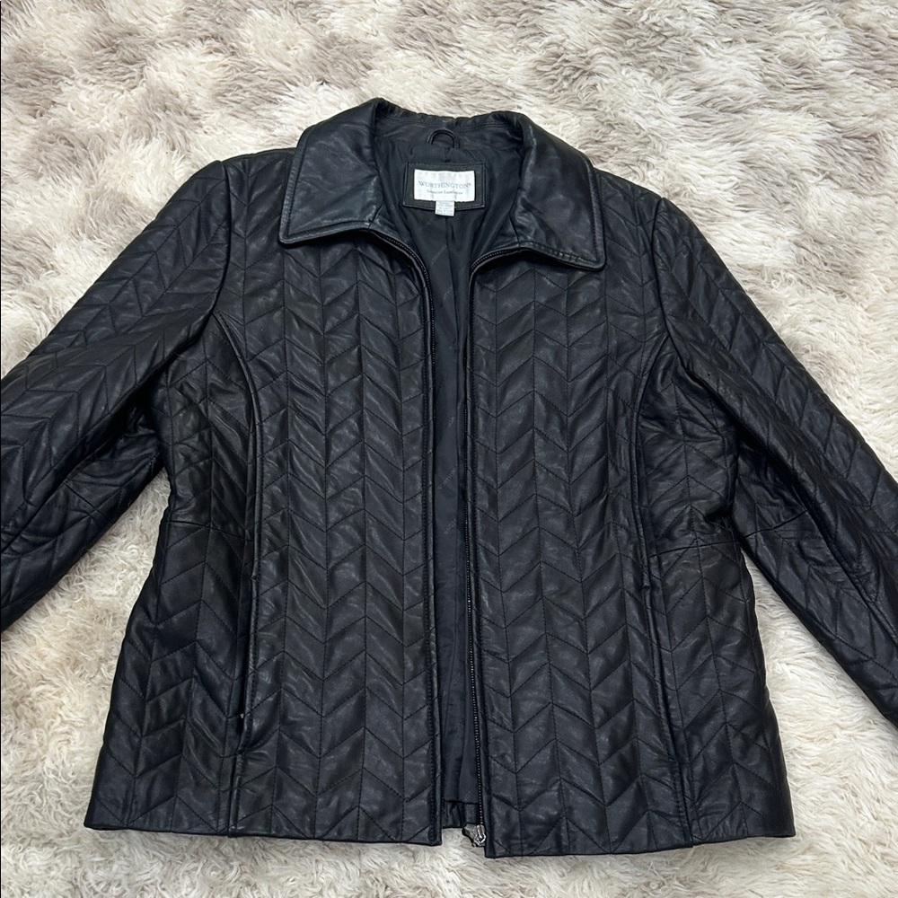 Worthington Black Quilted  Lambskin Leather Jacket size XL